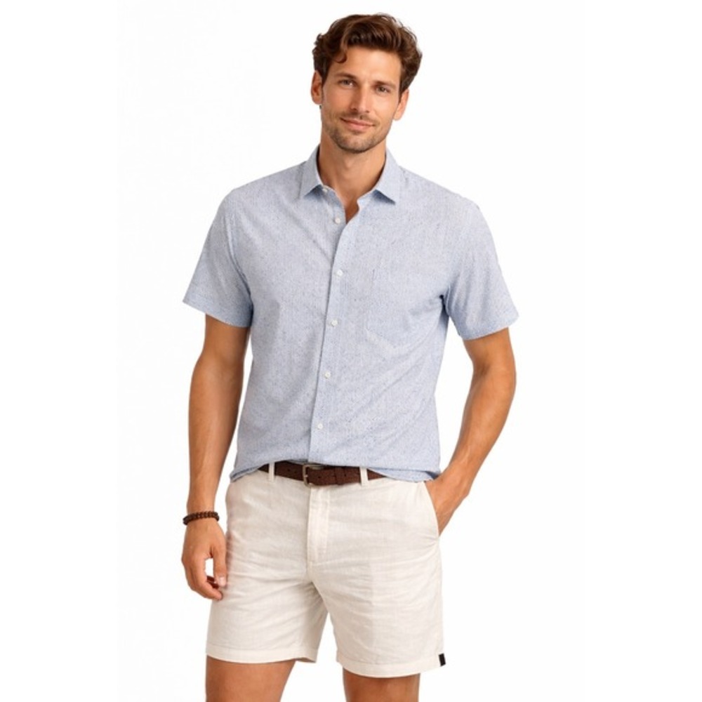 Kenneth Cole New York Blue White Chevron Short Sleeve Button Down Shirt L 88-40